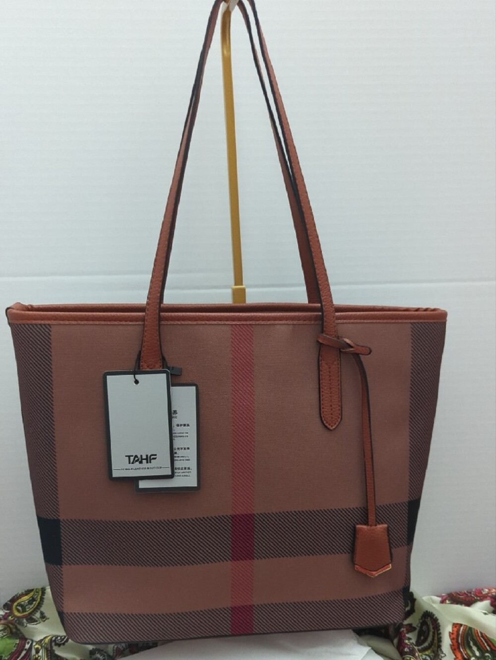Tan Plaid Tote Bag with Shoulder Straps
